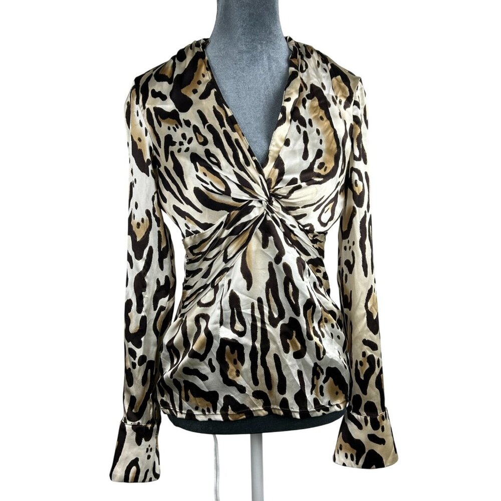 CACHE LEOPARD BLOUSE SHIRT WOMEN'S SMALL ANIMAL PRINT GOLD BROWN SILK
